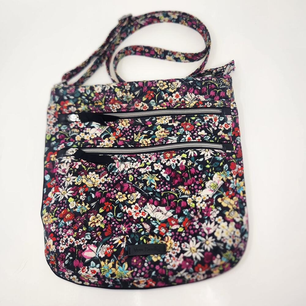 Vera Bradley Triple Zip Hipster Crossbody Bag Blue Floral Print Cotton Quilted